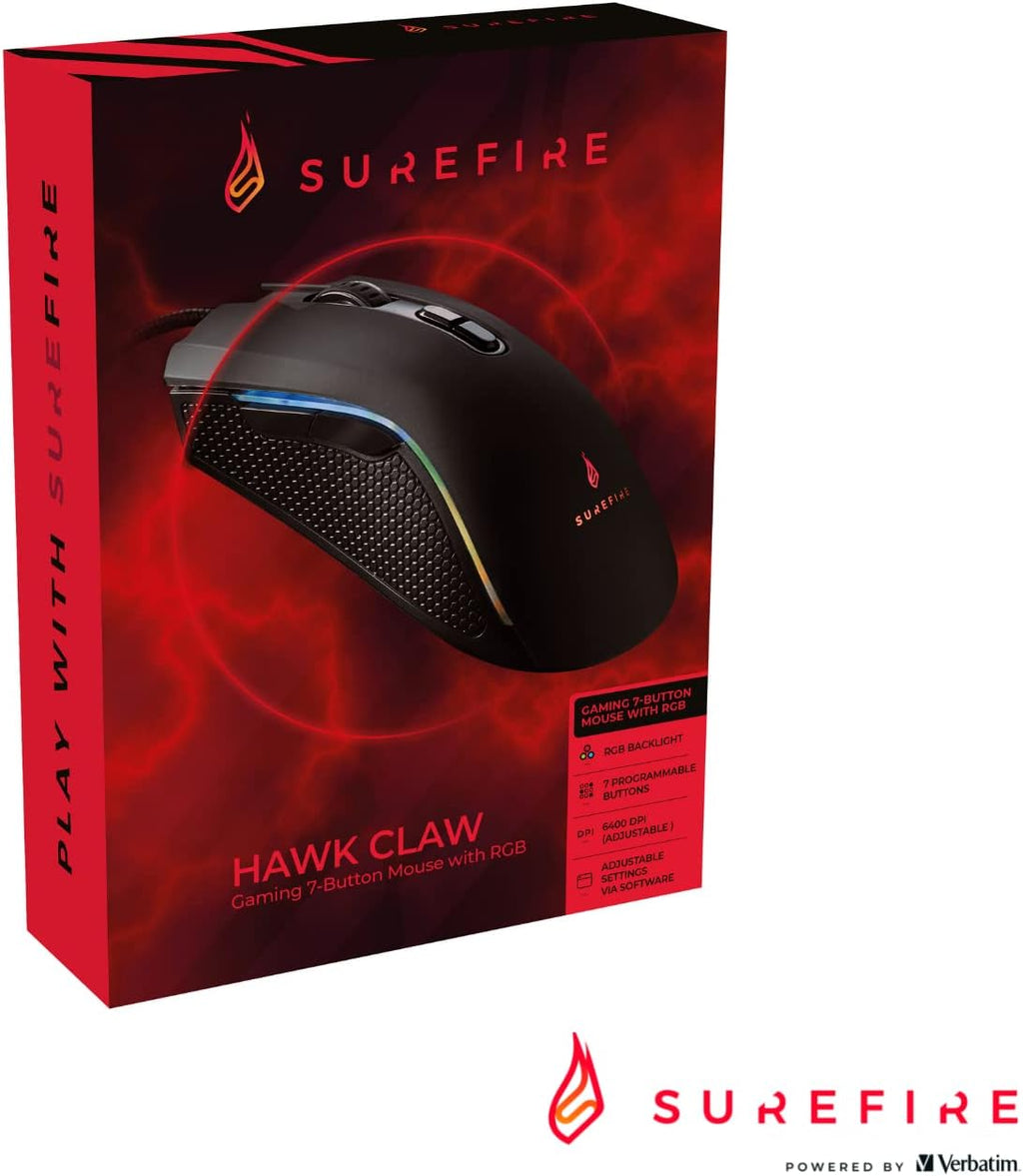 Surefire Hawk Claw Gaming 7-Button Gaming Mouse I RGB-lighting I PC mouse 6400 DPI I 7 programmable buttons I USB 3.2 GEN 1 and USB 2.0 I Windows, Mac and consoles I powered by Verbatim - CartridgeOnlineSA