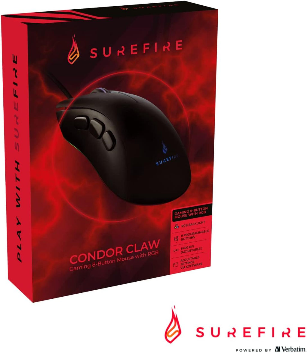 Surefire Condor Claw Gaming 8-Button I gaming mouse I RGB-lighting I PC mouse 6400 DPI I 8 programmable buttons I USB 3.2 GEN 1 and USB 2.0 I Windows, Mac & consoles I powered by Verbatim - CartridgeOnlineSA