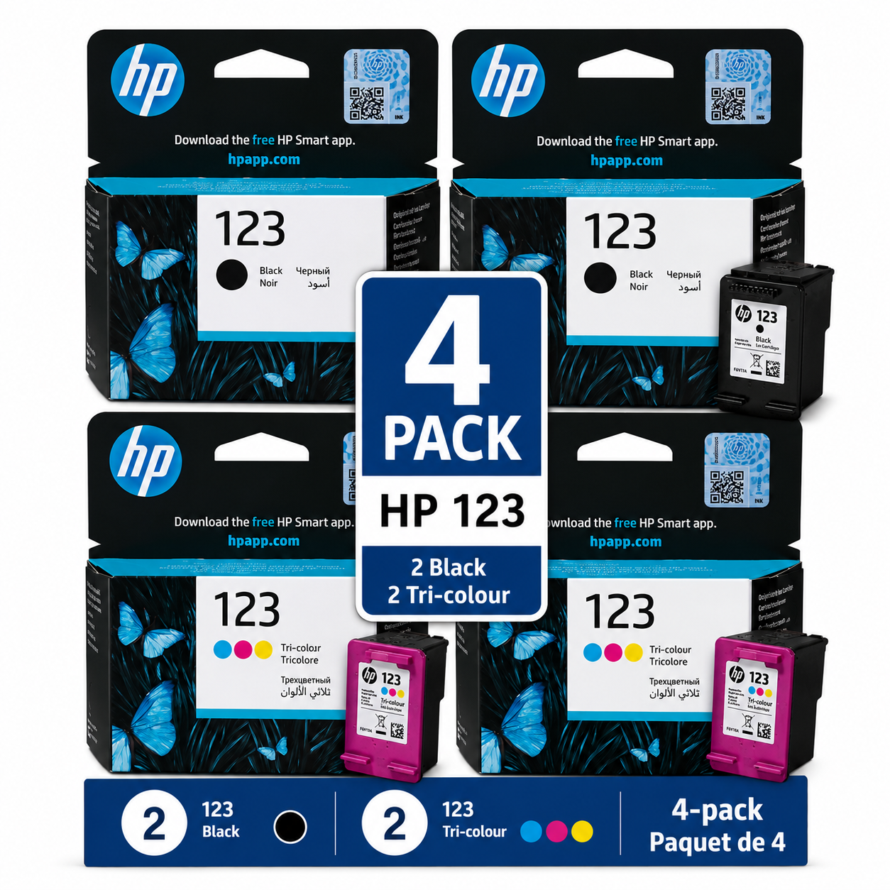 HP 123 Black & Tri-Colour Original Ink Cartridge 4 Pack Bundle