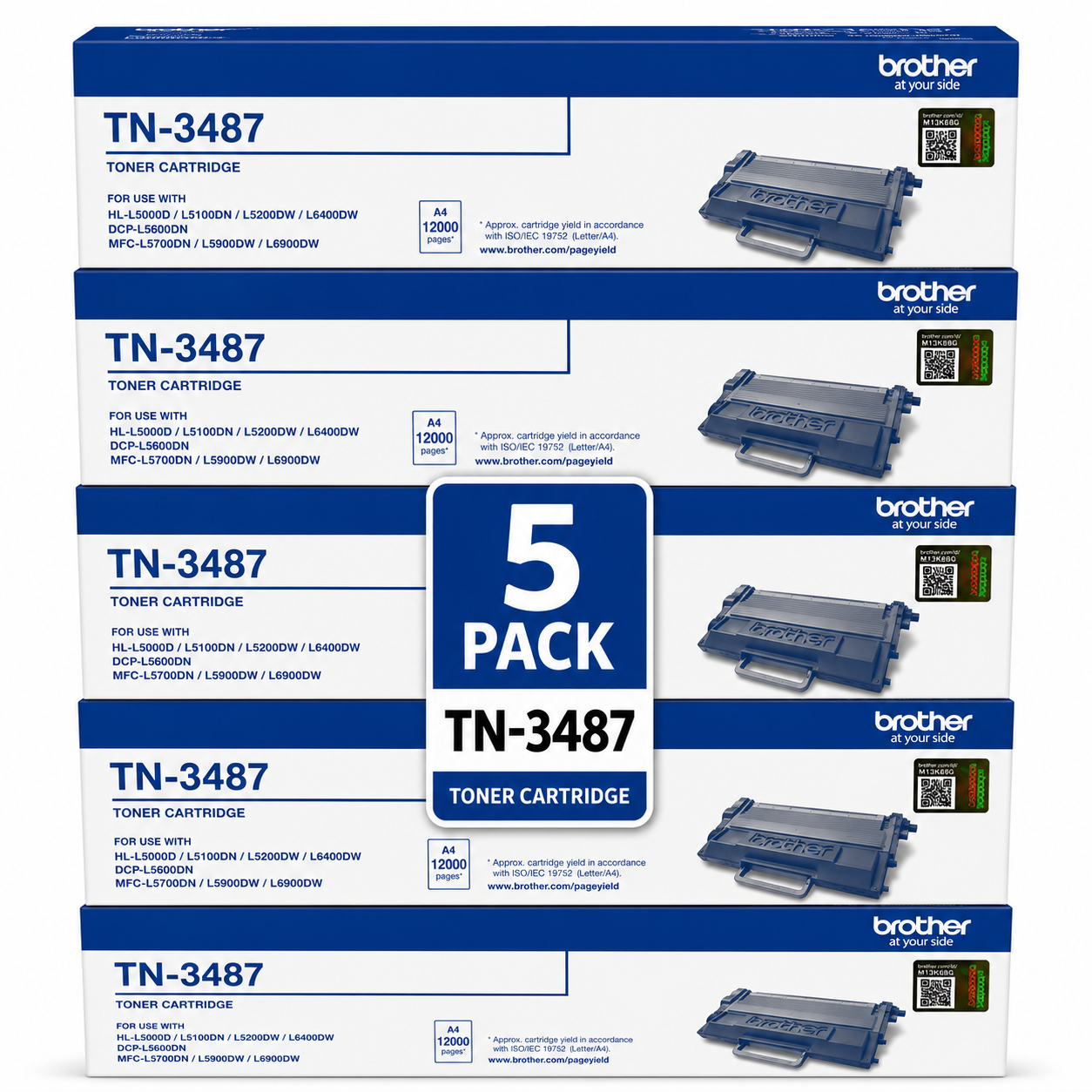 Brother TN3487 High Yield Toner Cartridge 12,000 Pages 5-Pack Bundle
