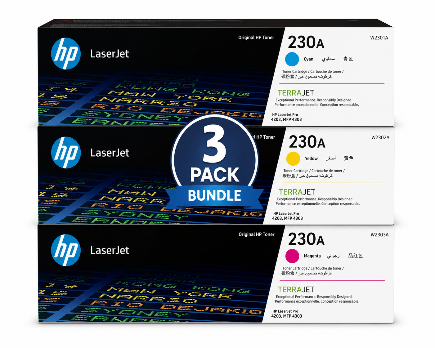 HP 230A Toner Cartridge 3-Colour Bundle – Cyan, Magenta & Yellow