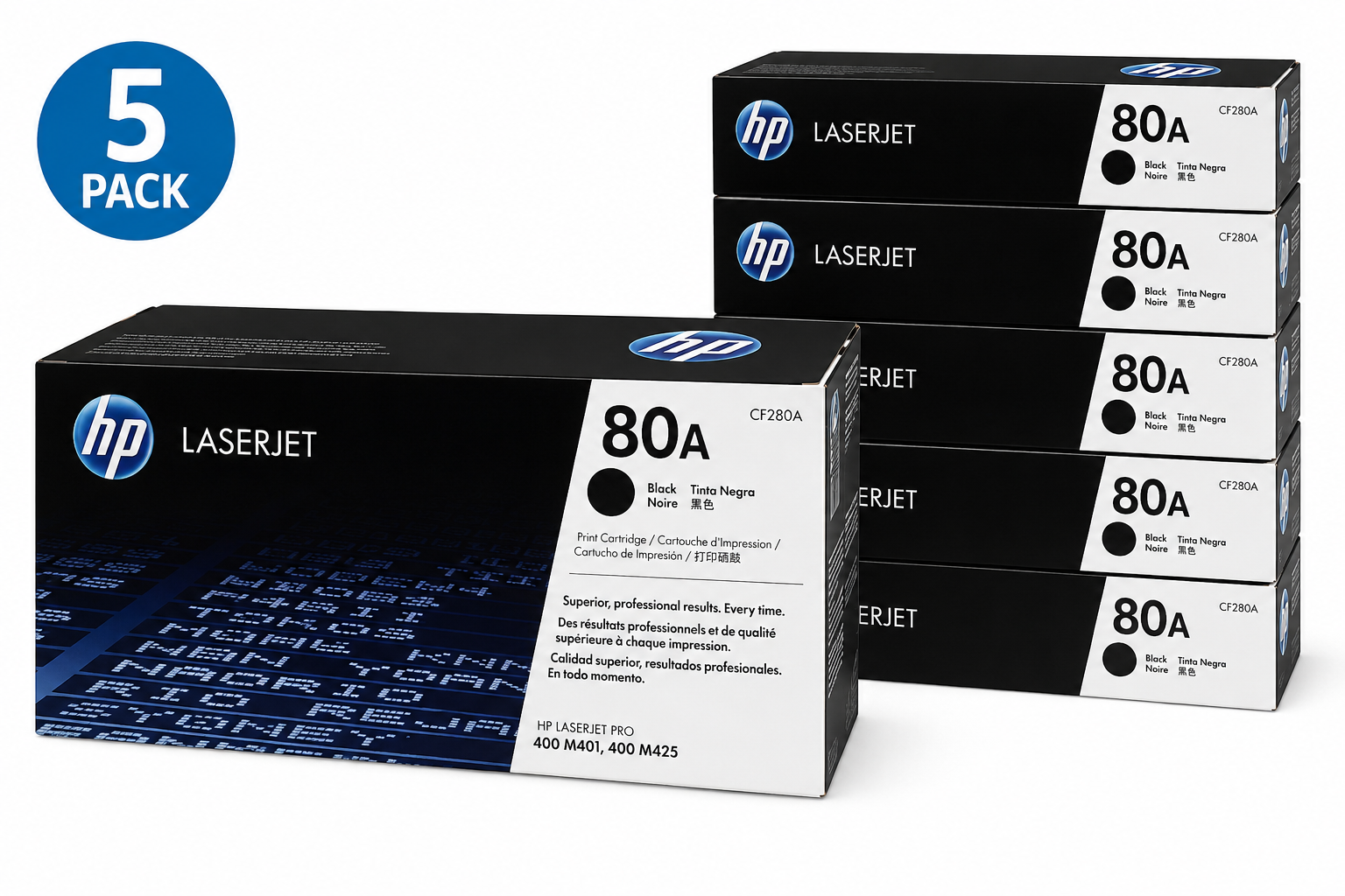 HP 80A Original LaserJet Toner Cartridge - Black CF280A 5 Pack Bundle