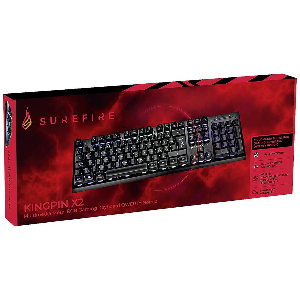 Surefire Gaming KingPin X2 Corded, USB Gaming keyboard Scandinavian, QWERTY Black Backlit, Multimedia buttons - CartridgeOnlineSA